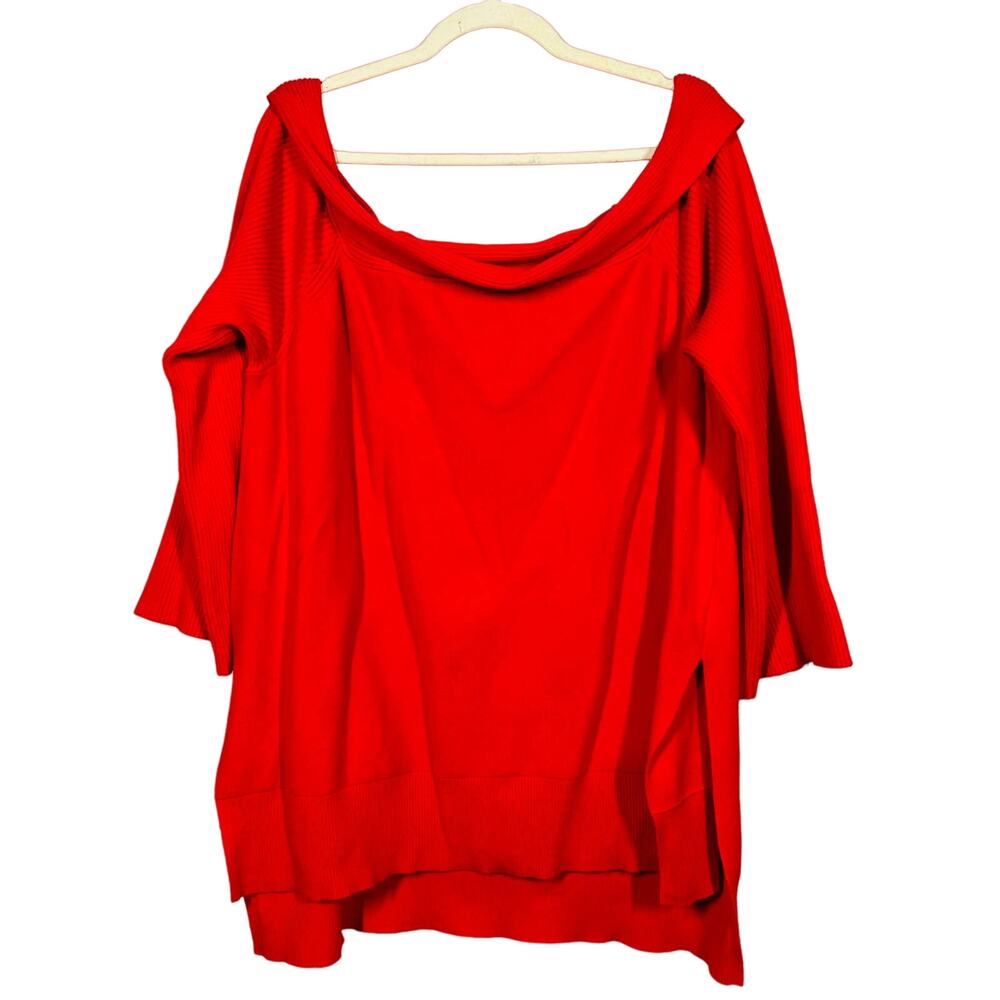 Anthropologie Ribbed Scoop Neck Sweater Heavy Knit Cherry Red 3/4 Sleeve - 3X